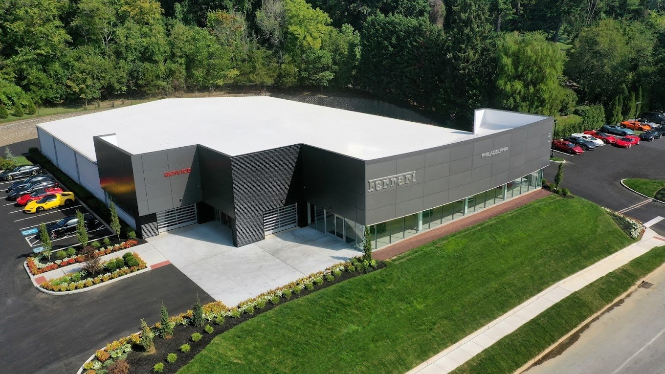 CLADLOK™ panels — Ferrari Philadelphia dealership with dark metal facade