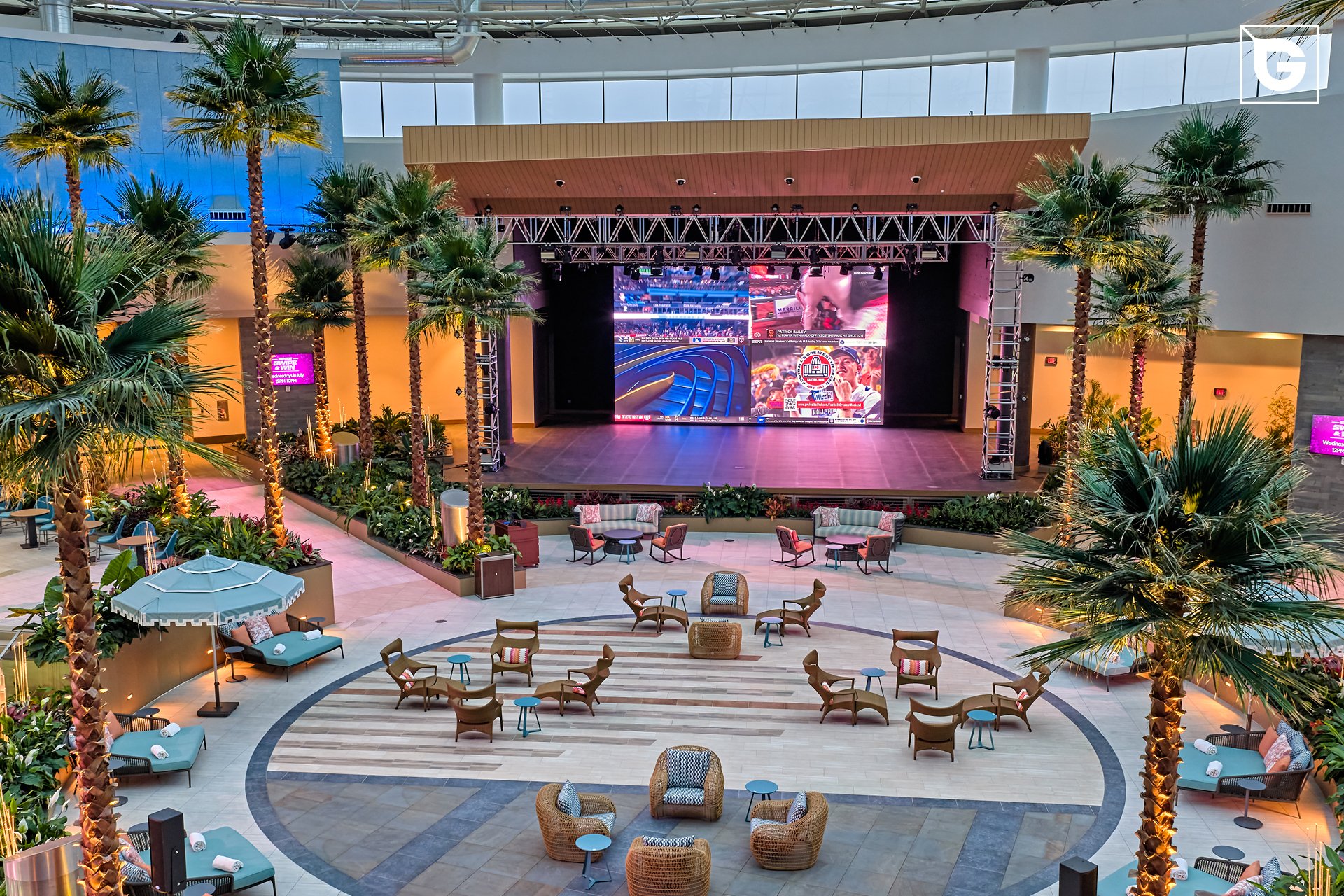 Geolam composite ceiling — Wawye Oasis indoor atrium stage